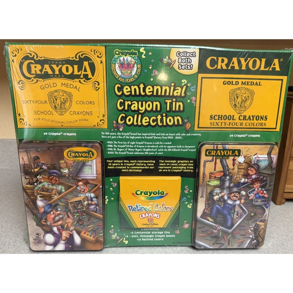 Crayola Centennial Crayon Tin Collection 2003 – Sealed – 2 Tins + Retired Colors